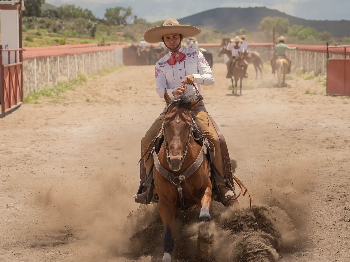 A charro on a chestnut horse at a charrería in Mexico. Holding image